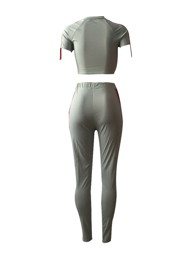  Euramerican Round Neck Striped Patchwork Green Polyester Two-piece Pants Set