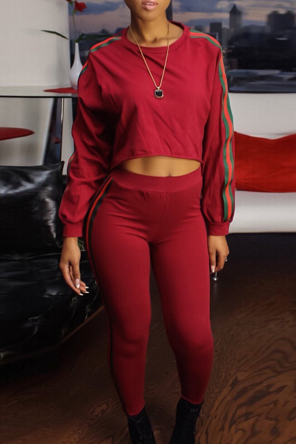 Euramerican Round Neck Striped Patchwork  Red Blending Two-piece Pants Set
