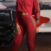  Euramerican Round Neck Striped Patchwork  Red Blending Two-piece Pants Set