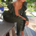  Euramerican Show A Shoulder Asymmetrical Ruffle Design Army Green Blending Two-piece Pants Set