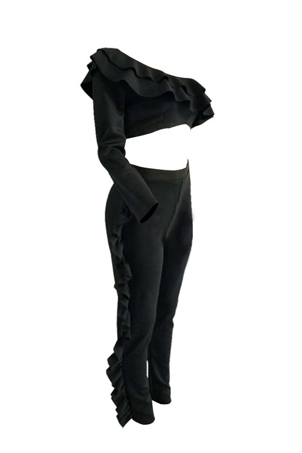  Euramerican Show A Shoulder Asymmetrical Ruffle Design Black Blending Two-piece Pants Set