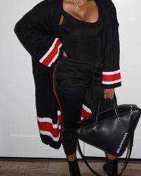  Euramerican Striped Patchwork Black Polyester Two-piece Pants Set