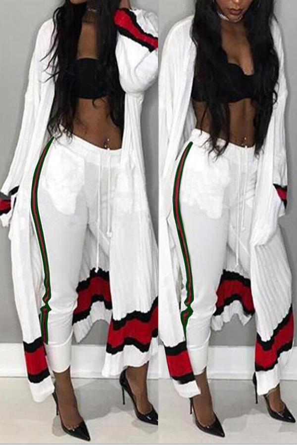 Euramerican Striped Patchwork White Polyester Two-piece Pants Set( Without Bra)