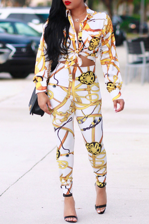  Euramerican Turndown Collar Printed White Polyester Two-piece Pants Set