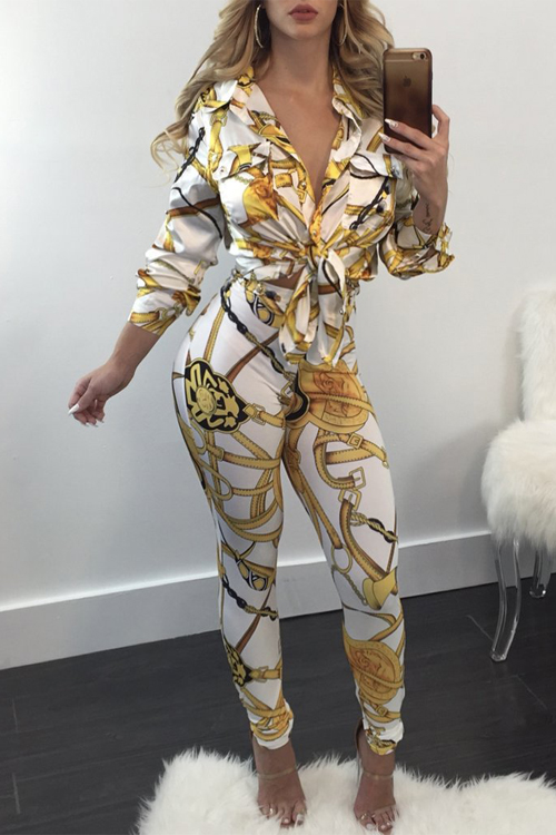  Euramerican Turndown Collar Printed White Polyester Two-piece Pants Set