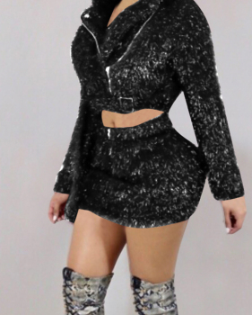  Euramerican Turndown Collar Zipper Design Black Polyester Two-piece Skirt Set