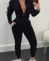  Euramerican Turndown Collar Zipper Design Black Velvet Two-piece Pants Set