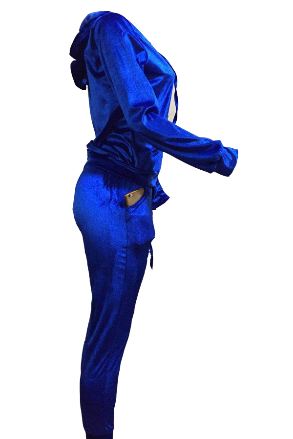  Euramerican Turndown Collar Zipper Design Deep Blue Velvet Two-piece Pants Set