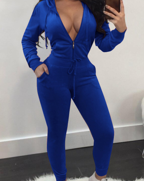 Euramerican Turndown Collar Zipper Design Deep Blue Velvet Two-piece Pants Set Euramerican Turndown Collar Zipper Design Deep Blue Velvet Two-piece Pants Set