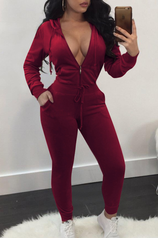  Euramerican Turndown Collar Zipper Design Wine Red Velvet Two-piece Pants Set