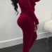  Euramerican Turndown Collar Zipper Design Wine Red Velvet Two-piece Pants Set