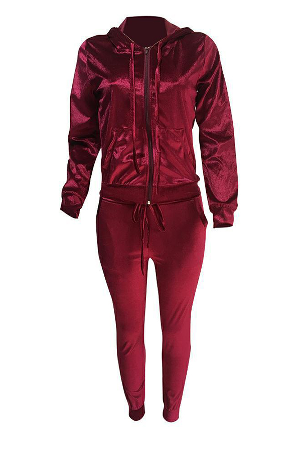  Euramerican Turndown Collar Zipper Design Wine Red Velvet Two-piece Pants Set