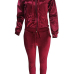  Euramerican Turndown Collar Zipper Design Wine Red Velvet Two-piece Pants Set