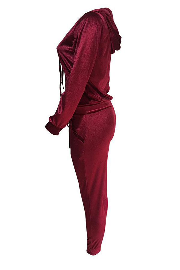  Euramerican Turndown Collar Zipper Design Wine Red Velvet Two-piece Pants Set