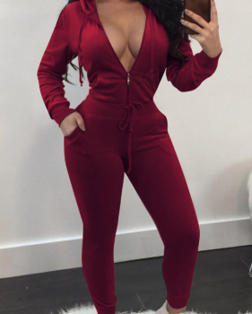  Euramerican Turndown Collar Zipper Design Wine Red Velvet Two-piece Pants Set