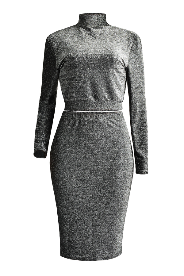  Euramerican Turtleneck Long Sleeves Black Cotton Two-piece Skirt Set