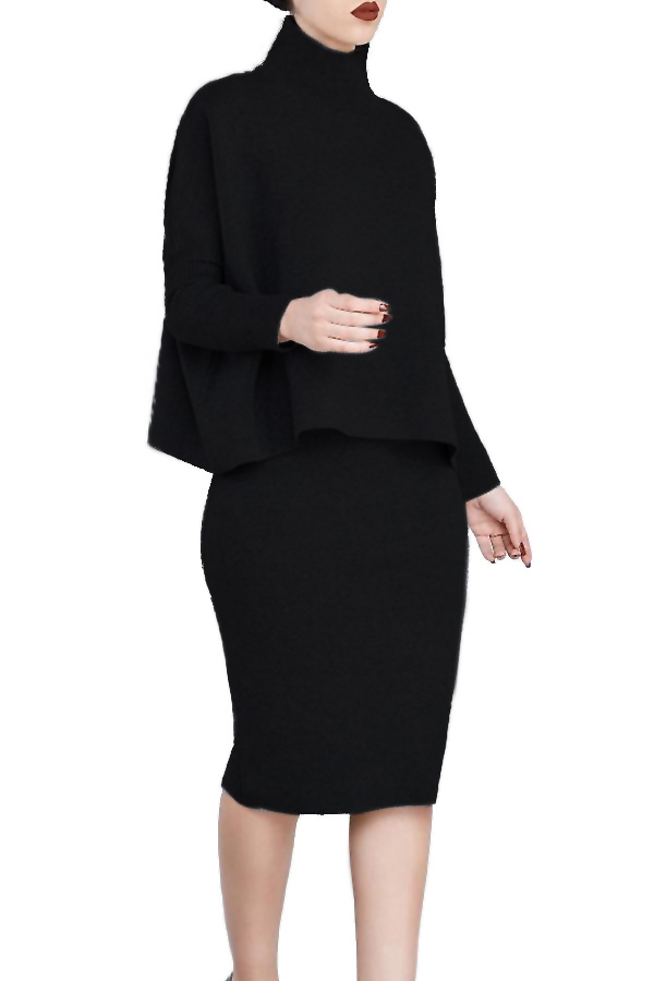  Euramerican Turtleneck Long Sleeves Black Two-piece Skirt Set