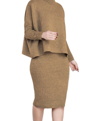 Euramerican Turtleneck Long Sleeves Brown Two-piece Skirt Set Euramerican Turtleneck Long Sleeves Brown Two-piece Skirt Set