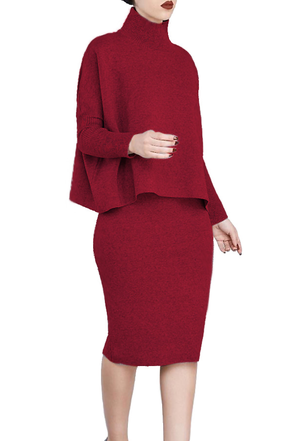  Euramerican Turtleneck Long Sleeves Wine Red Two-piece Skirt Set