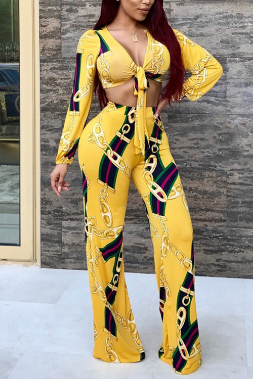  Euramerican V Neck Chain Printing Yellow Polyester Two-piece Pants Set