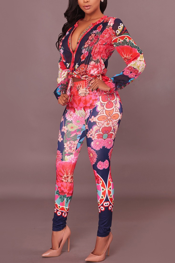  Euramerican V Neck Floral Print Red Polyester Two-piece Pants Set