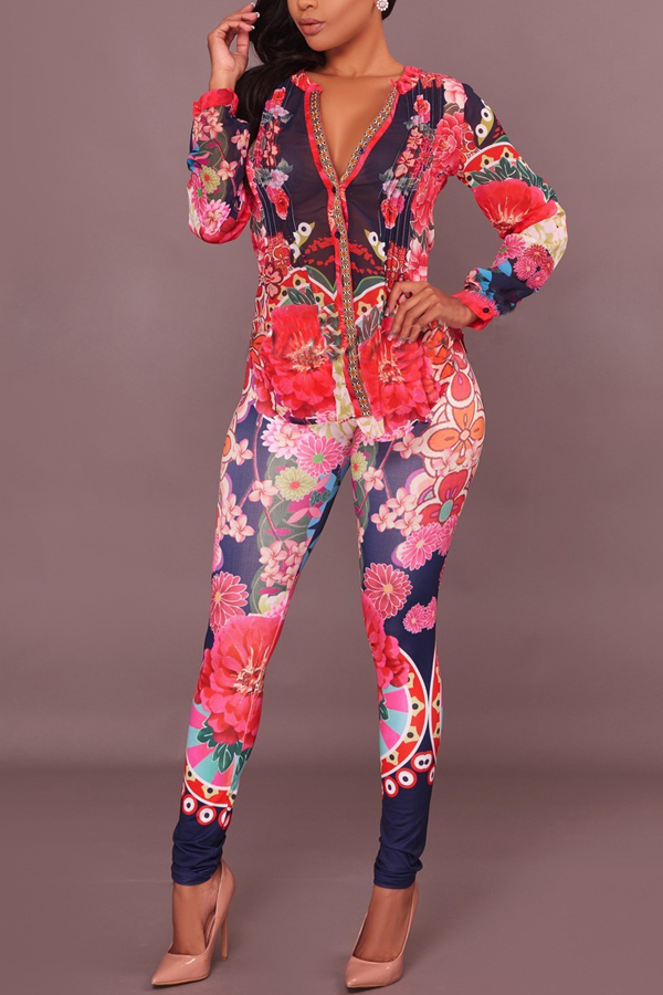  Euramerican V Neck Floral Print Red Polyester Two-piece Pants Set