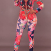  Euramerican V Neck Floral Print Red Polyester Two-piece Pants Set