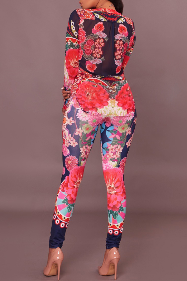  Euramerican V Neck Floral Print Red Polyester Two-piece Pants Set