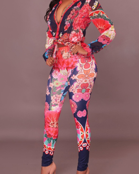  Euramerican V Neck Floral Print Red Polyester Two-piece Pants Set