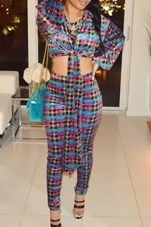  Fashion Round Neck Knot Design Printed Multi Qmilch Two-Piece Pants Set
