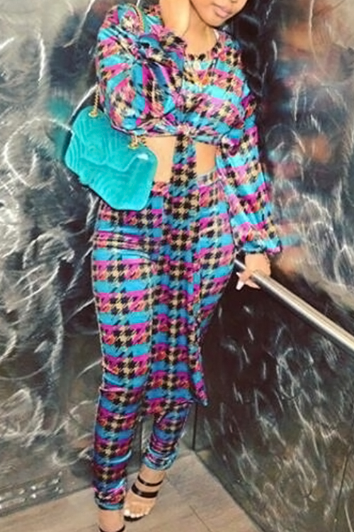 Fashion Round Neck Knot Design Printed Multi Qmilch Two-Piece Pants Set