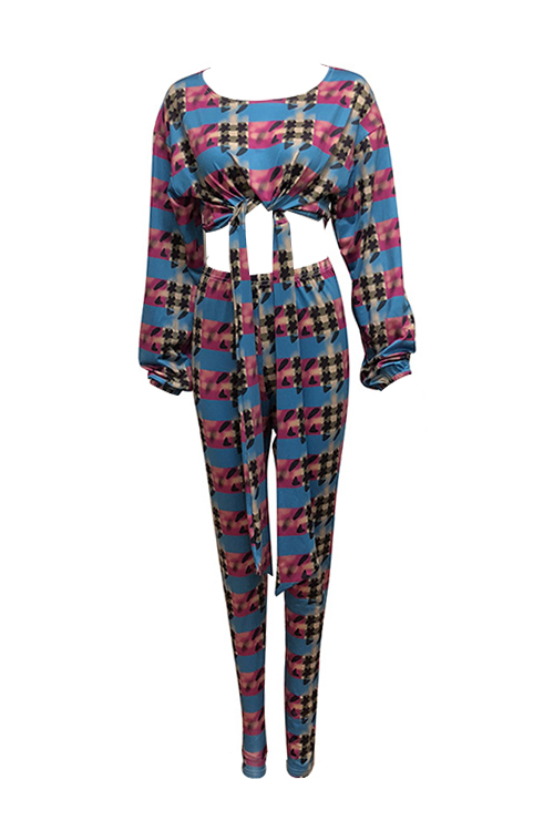  Fashion Round Neck Knot Design Printed Multi Qmilch Two-Piece Pants Set