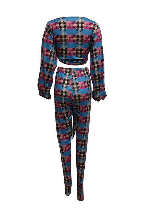  Fashion Round Neck Knot Design Printed Multi Qmilch Two-Piece Pants Set
