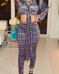  Fashion Round Neck Knot Design Printed Multi Qmilch Two-Piece Pants Set