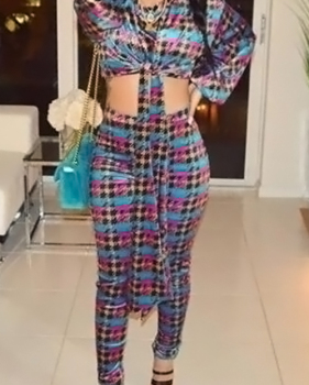 Fashion Round Neck Knot Design Printed Multi Qmilch Two-Piece Pants Set Fashion Round Neck Knot Design Printed Multi Qmilch Two-Piece Pants Set