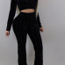  Fashion Turtleneck Beads Decoration Black Velvet Two-Piece Pants Set