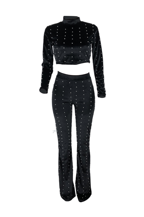  Fashion Turtleneck Beads Decoration Black Velvet Two-Piece Pants Set