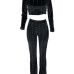  Fashion Turtleneck Beads Decoration Black Velvet Two-Piece Pants Set