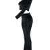  Fashion Turtleneck Beads Decoration Black Velvet Two-Piece Pants Set