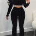  Fashion Turtleneck Beads Decoration Black Velvet Two-Piece Pants Set