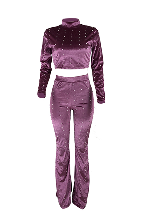  Fashion Turtleneck Beads Decoration Red Velvet Two-Piece Pants Set