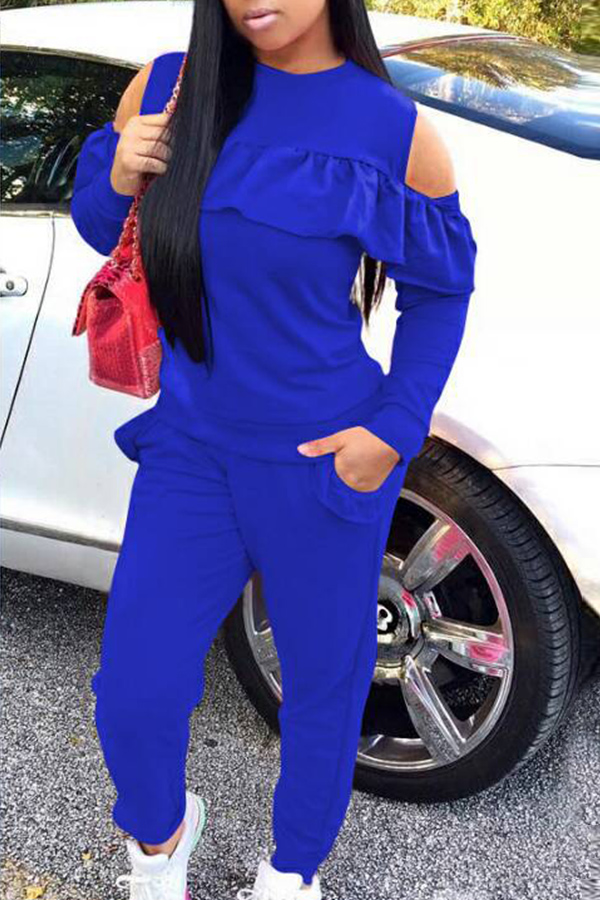  Fashionable Round Neck Dew Shoulder Ruffle Design Blue Polyester Hoodies