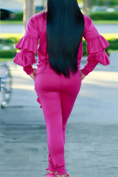  Fashionable Round Neck Ruched Rose Blending Two-piece Pants Set