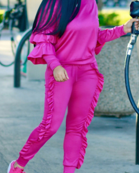  Fashionable Round Neck Ruched Rose Blending Two-piece Pants Set