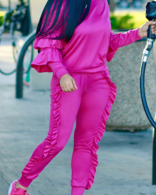 Fashionable Round Neck Ruched Rose Blending Two-piece Pants Set Fashionable Round Neck Ruched Rose Blending Two-piece Pants Set