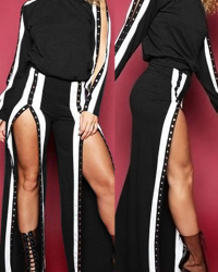 Fashionable Round Neck Slit Design Black Cotton Two-piece Pants Set Fashionable Round Neck Slit Design Black Cotton Two-piece Pants Set