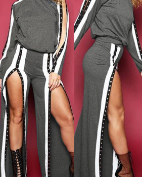  Fashionable Round Neck Slit Design Grey Cotton Two-piece Pants Set