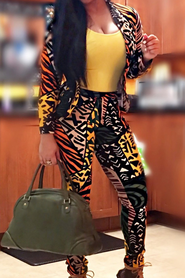  Fashionable Turndown Collar Printed Polyester Two-piece Pants Set