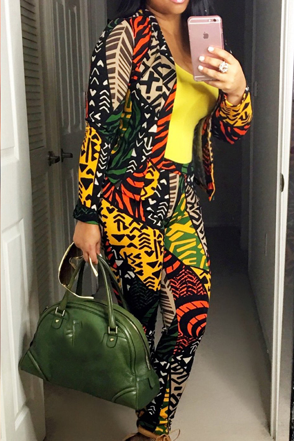  Fashionable Turndown Collar Printed Polyester Two-piece Pants Set