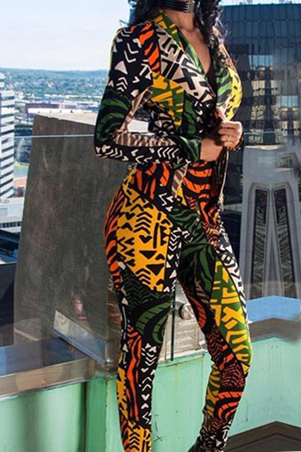  Fashionable Turndown Collar Printed Polyester Two-piece Pants Set